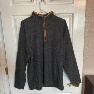 Orvis Pullover Mens Size M Tweed Quarter Zip Charcoal Gray & Brown Leather